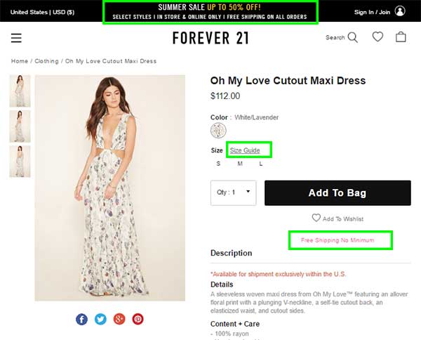 Forever 21 found a great solution for the most online shoppers’ concerns: current proportions, size guides and shipping costs